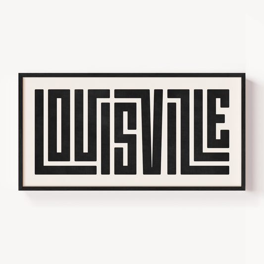 Modern Framed Louisville Art - Black Typography Design on White Background