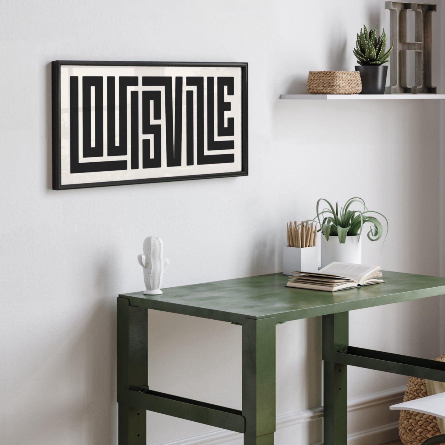 Personalized Louisville poster in Black Frame above desk in minimalist dorm room.