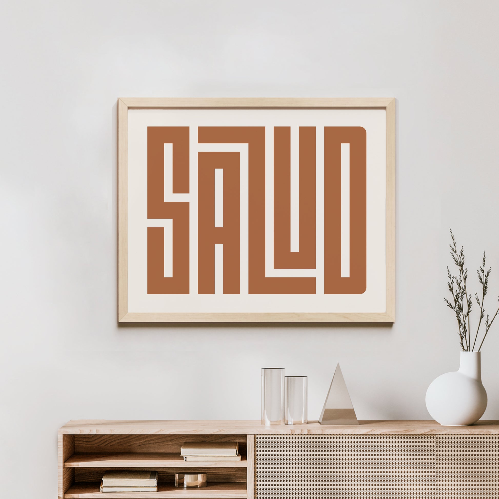 Minimalist Wood Framed Salud Wall Decor in Modern Styled Room