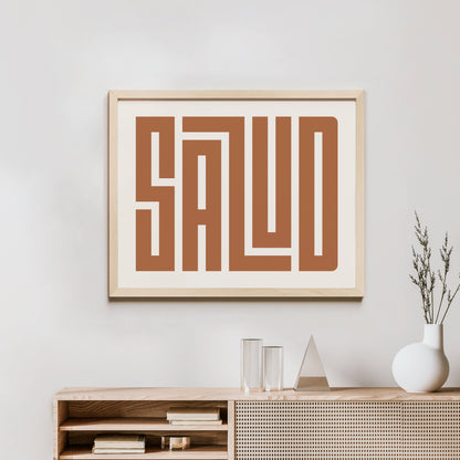 Minimalist Wood Framed Salud Wall Decor in Modern Styled Room