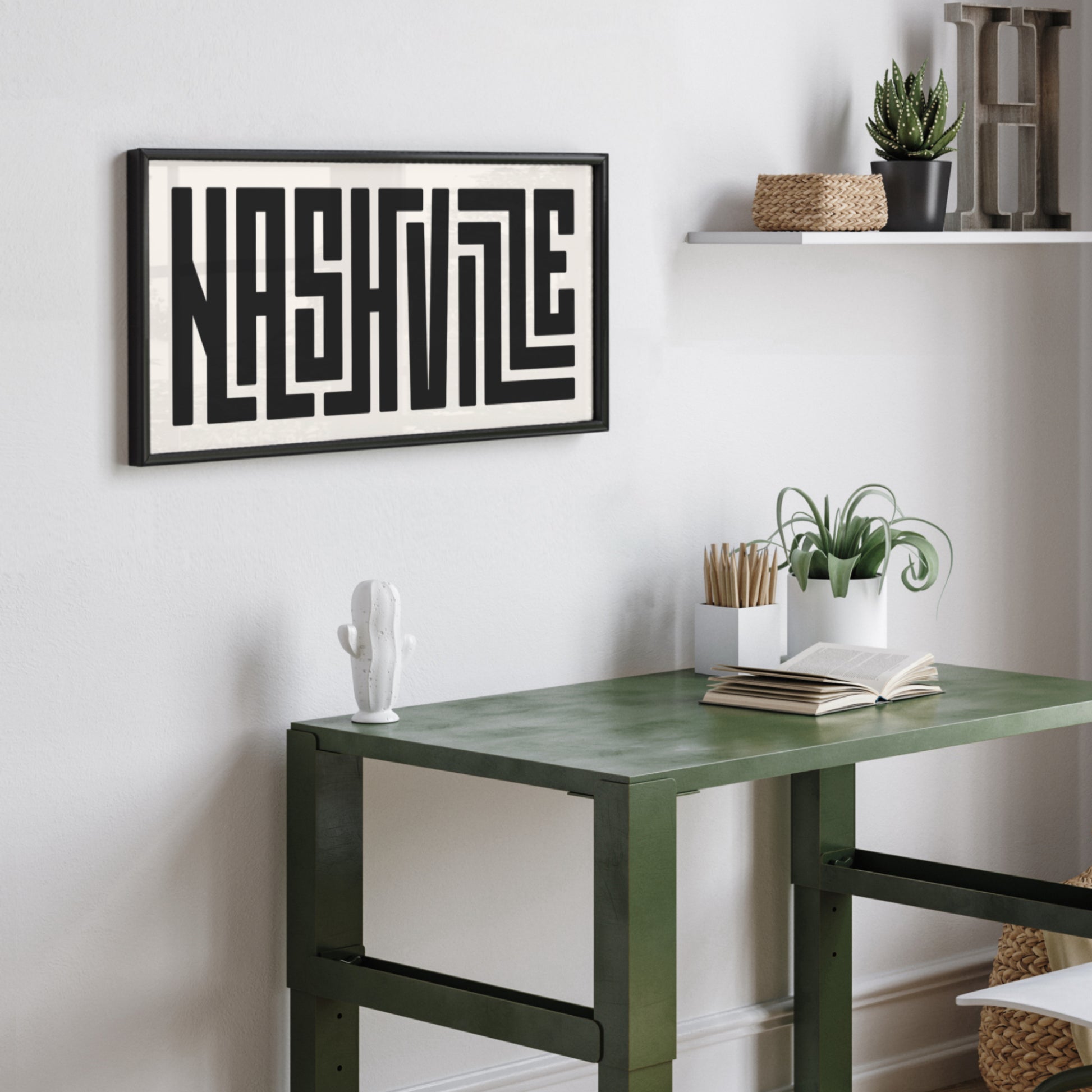 Personalized Nashville poster in Black Frame above desk in minimalist dorm room.