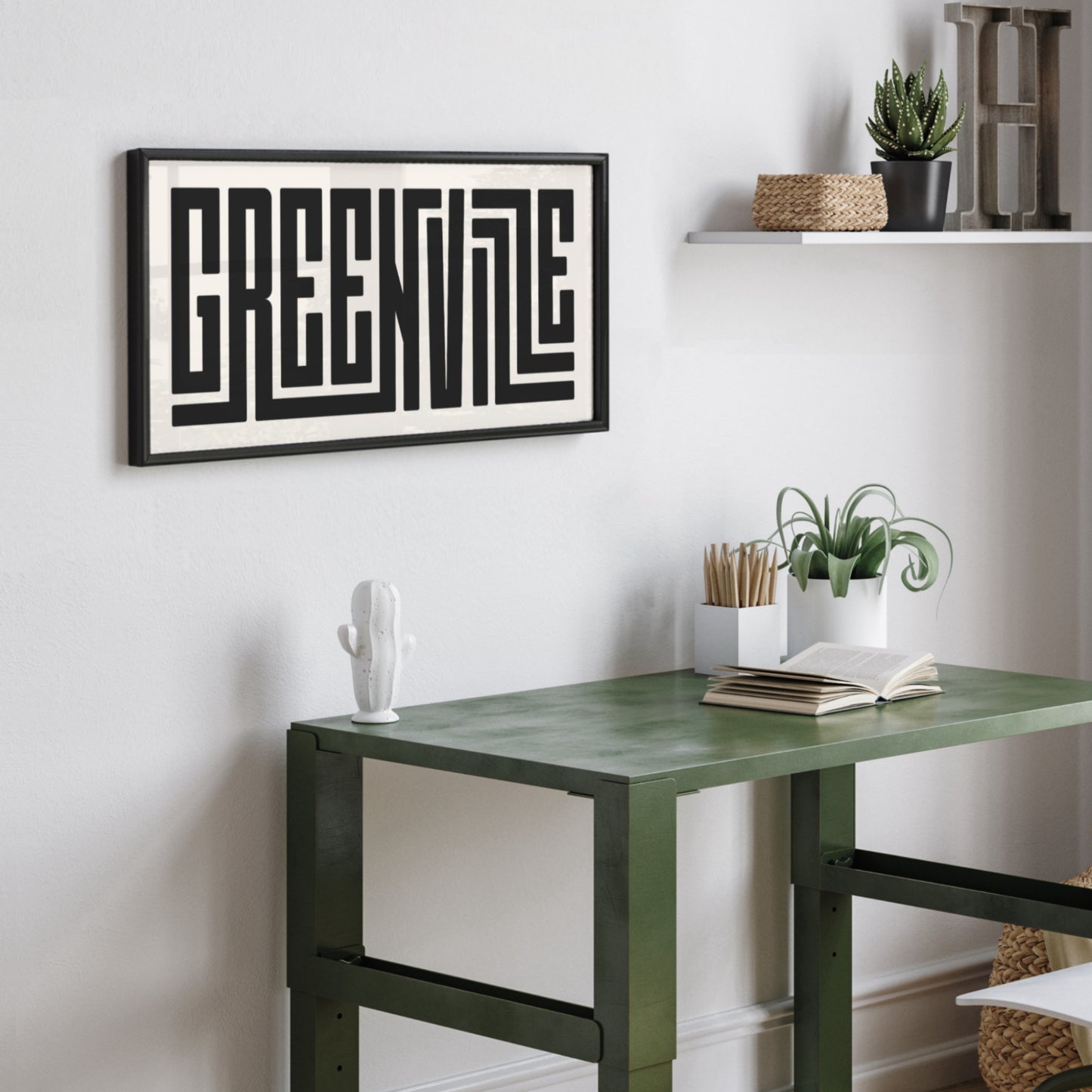 Personalized Greenville poster in Black Frame above desk in minimalist dorm room.