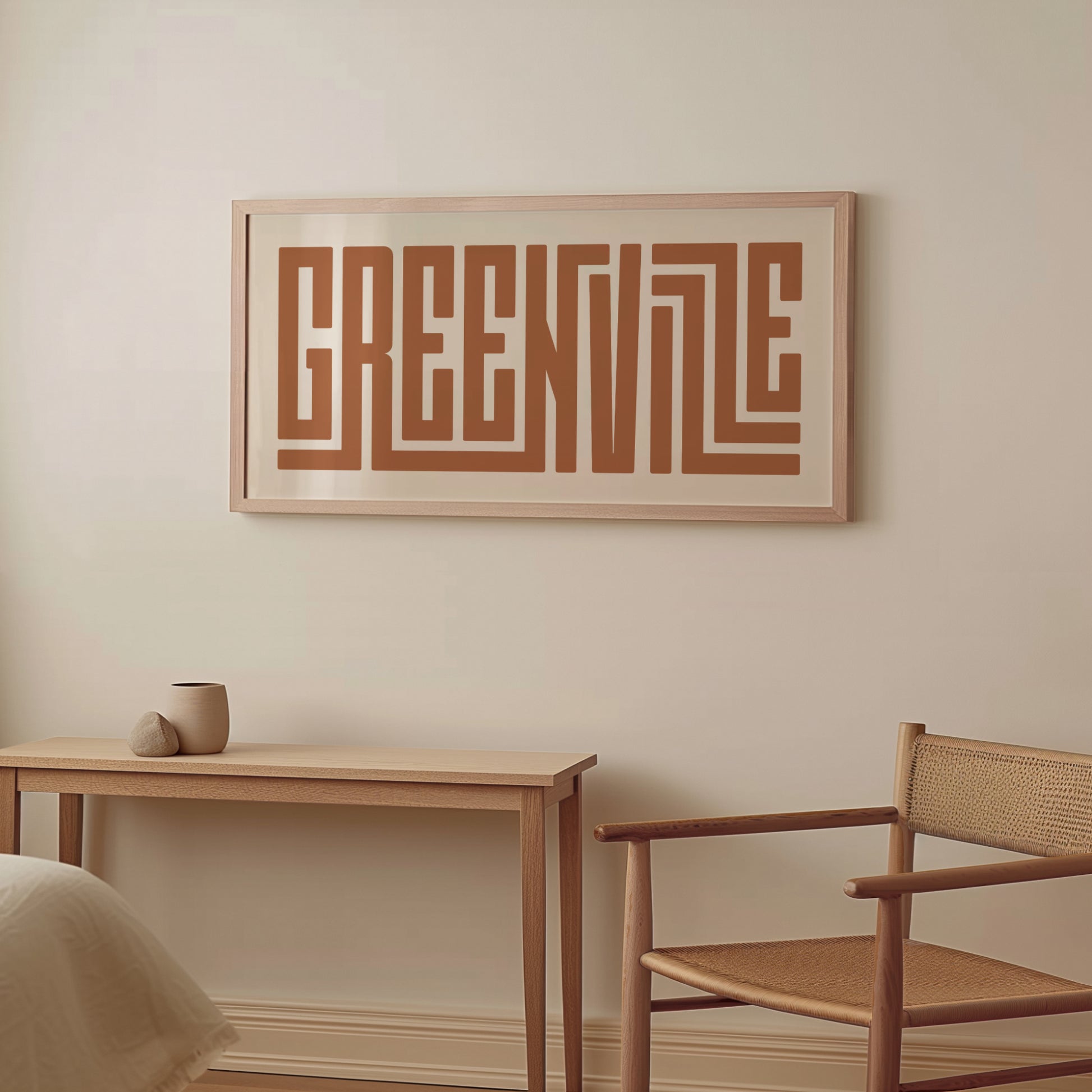 Wood framed minimalist Greenville Wall Decor in Boho style room wtih neutral colors