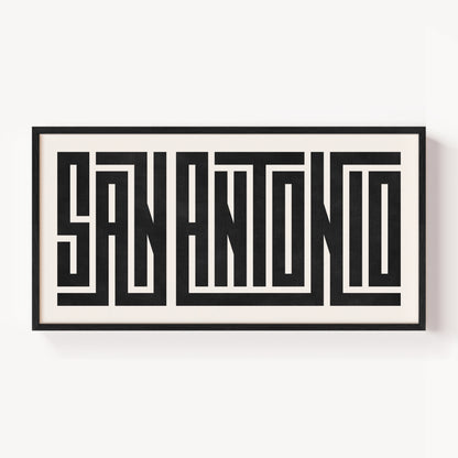 Modern Framed San Antonio Art - Black Typography Design on White Background