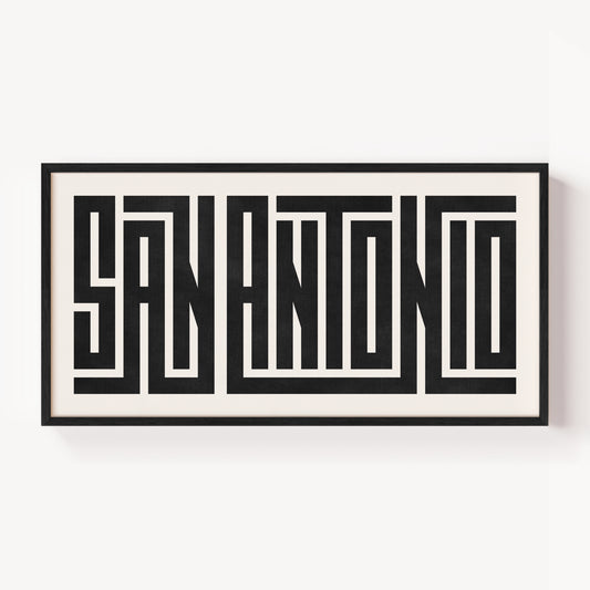 Modern Framed San Antonio Art - Black Typography Design on White Background