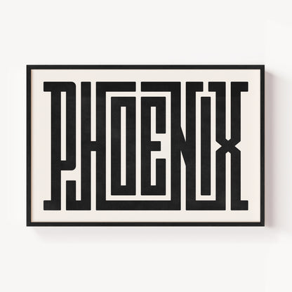 Modern Framed Phoenix Art - Black Typography Design on White Background