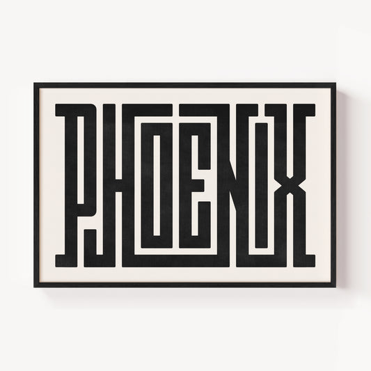 Modern Framed Phoenix Art - Black Typography Design on White Background