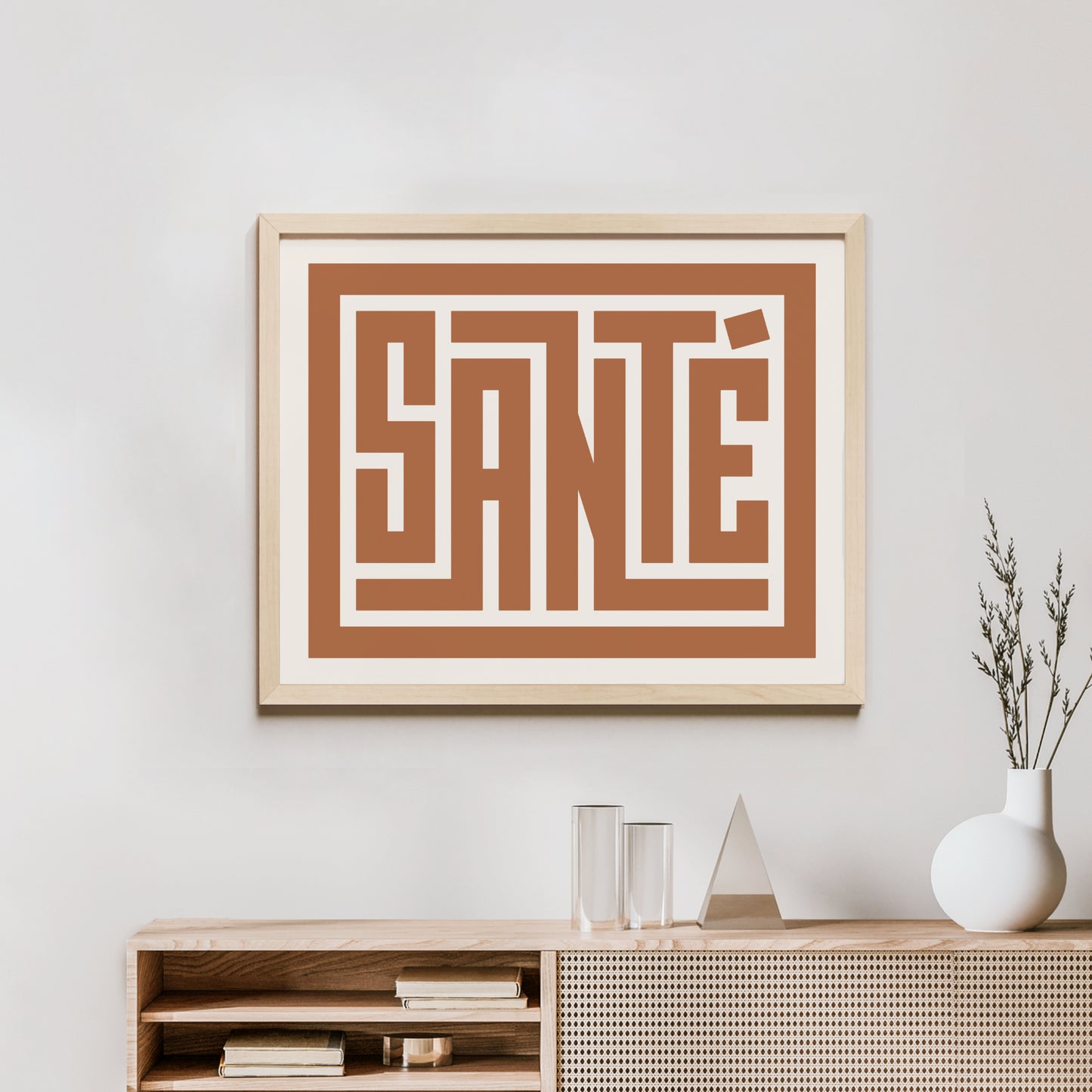 Minimalist Wood Framed Santé Wall Decor in Modern Styled Room