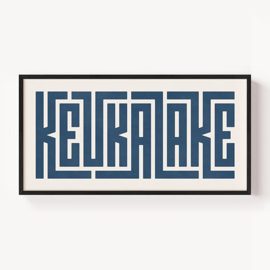 Modern Framed Keuka Lake Art - Black Typography Design on White Background