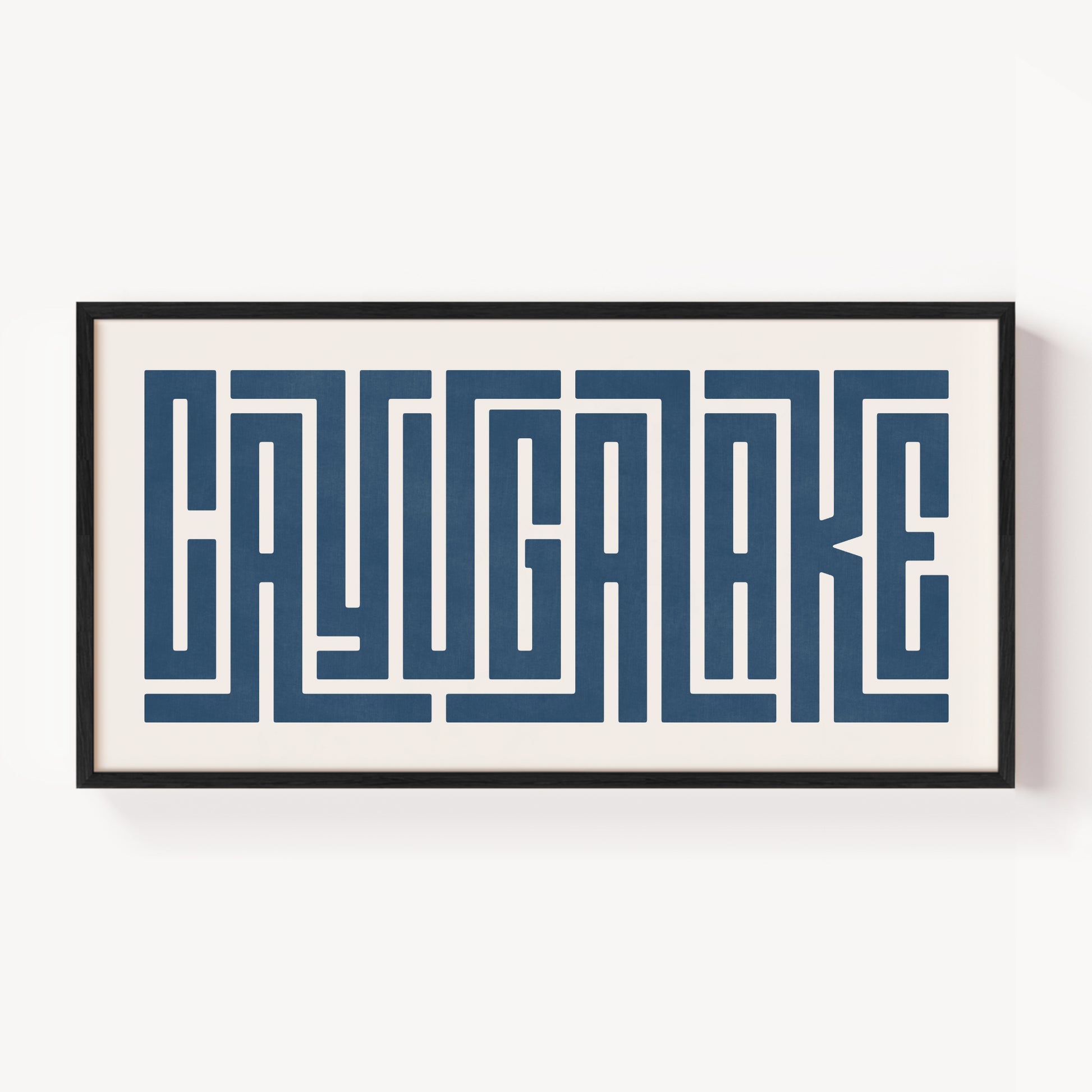 Modern Framed Cayuga Lake Art - Black Typography Design on White Background