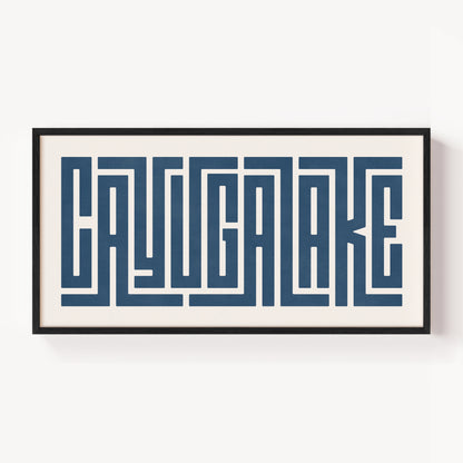Modern Framed Cayuga Lake Art - Black Typography Design on White Background