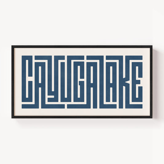 Modern Framed Cayuga Lake Art - Black Typography Design on White Background