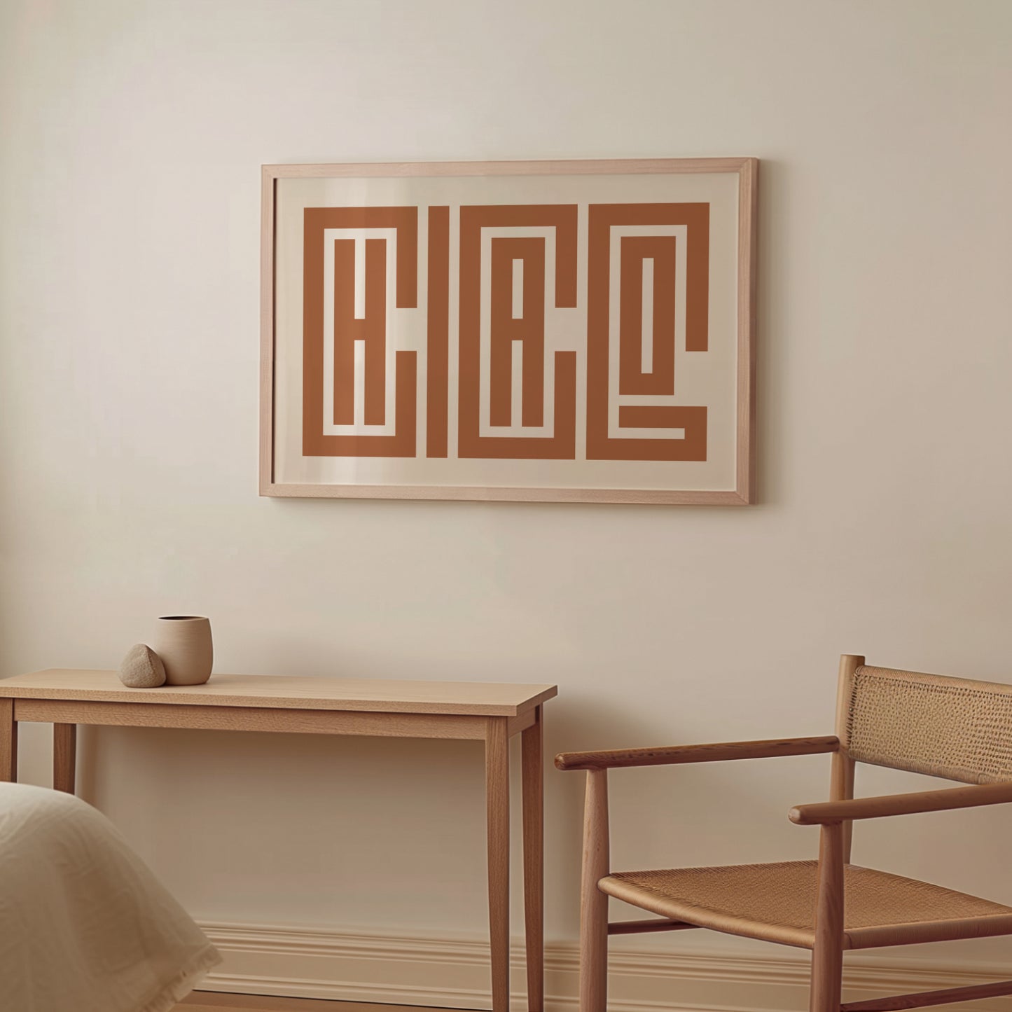 Wood framed minimalist Chicago Wall Decor in Boho style room wtih neutral colors
