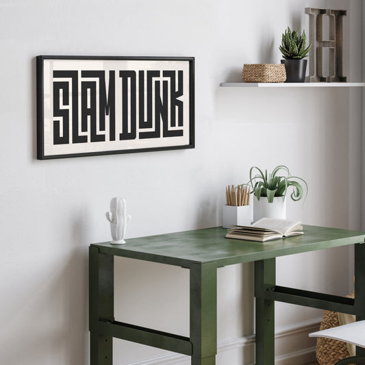 Personalized Slam Dunk poster in Black Frame above desk in minimalist dorm room.