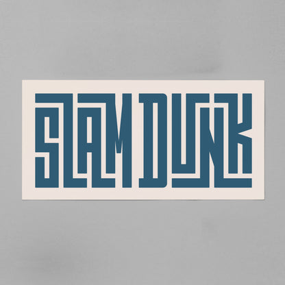 Retro Slam Dunk artwork above vintage record player on Mid-Century Modern furniture.