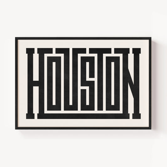 Modern Framed Houston Art - Black Typography Design on White Background