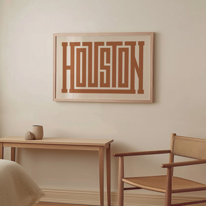 Wood framed minimalist Houston Wall Decor in Boho style room wtih neutral colors