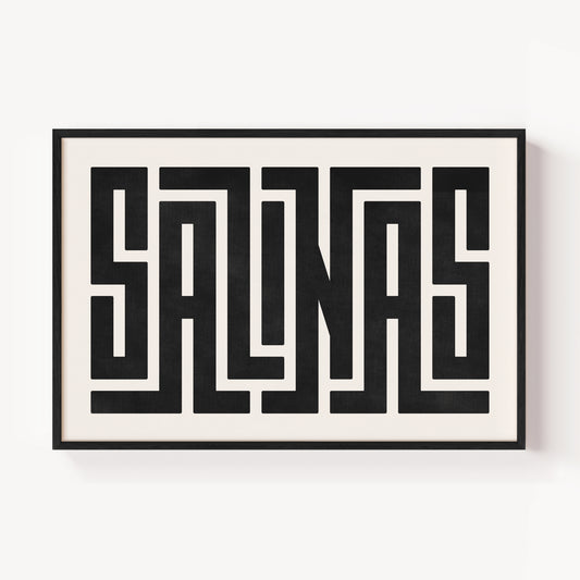Modern Framed Salinas Art - Black Typography Design on White Background