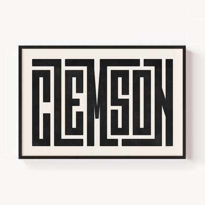 Modern Framed Clemson Art - Black Typography Design on White Background
