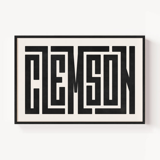 Modern Framed Clemson Art - Black Typography Design on White Background