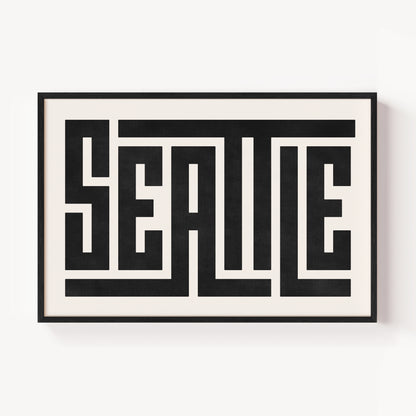 Modern Framed Seattle Art - Black Typography Design on White Background