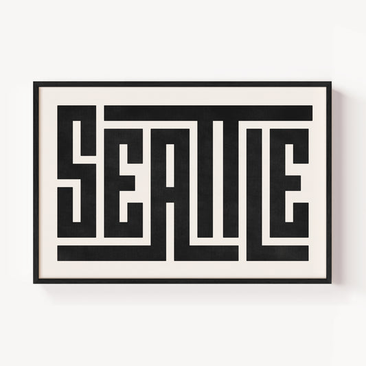 Modern Framed Seattle Art - Black Typography Design on White Background