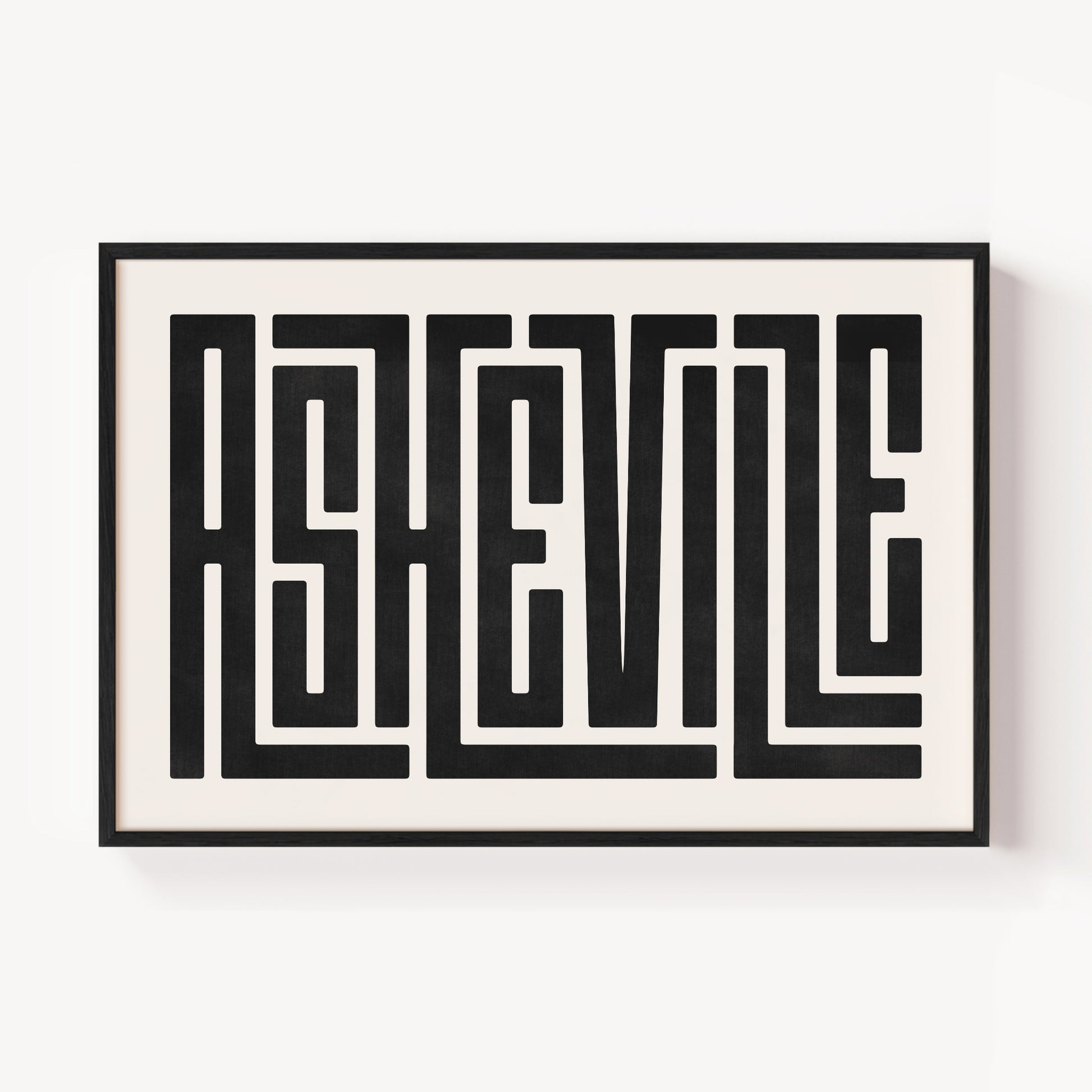 Modern Framed Asheville Art - Black Typography Design on White Background