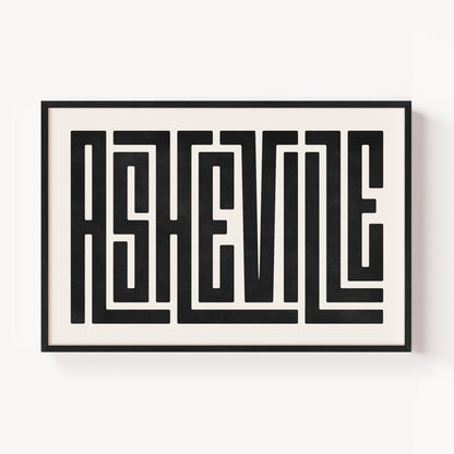 Modern Framed Asheville Art - Black Typography Design on White Background