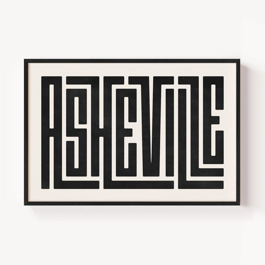 Modern Framed Asheville Art - Black Typography Design on White Background