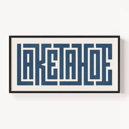 Modern Framed Lake Tahoe Art - Black Typography Design on White Background