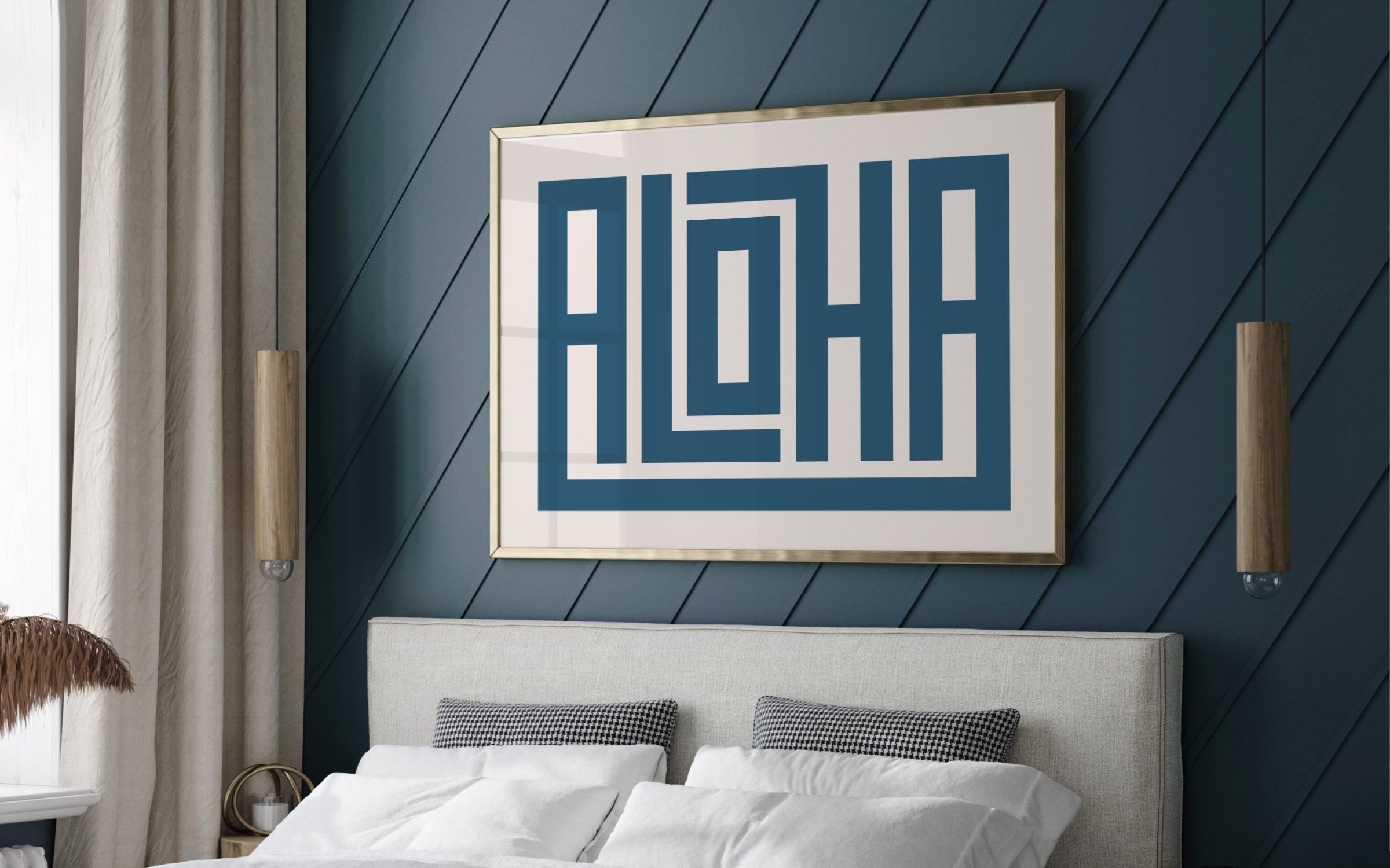 Large Framed Navy Aloha Typography Art Over Bed from Serif Art Company