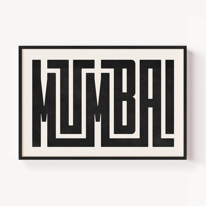 Modern Framed Mumbai Art - Black Typography Design on White Background