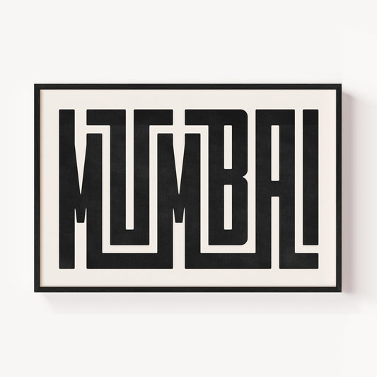 Modern Framed Mumbai Art - Black Typography Design on White Background