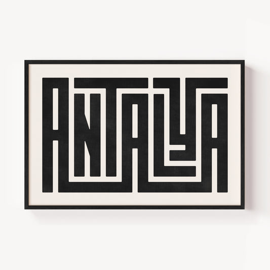 Modern Framed Antalya Art - Black Typography Design on White Background