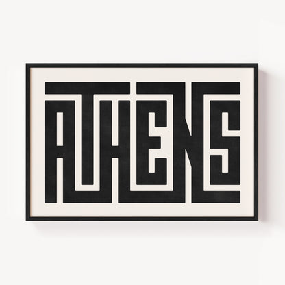 Modern Framed Athens Art - Black Typography Design on White Background