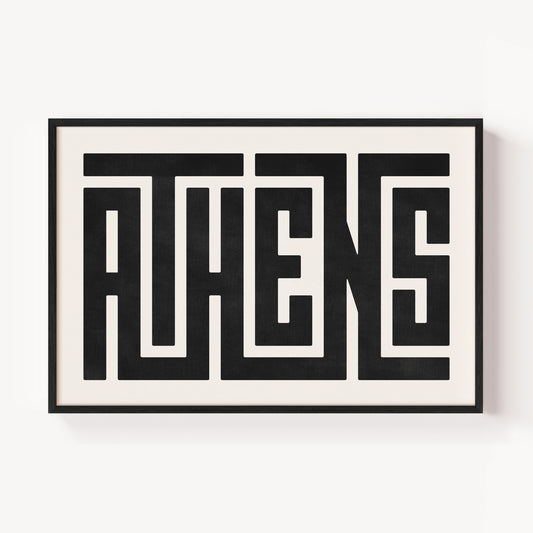 Modern Framed Athens Art - Black Typography Design on White Background