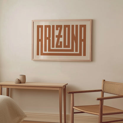 Wood framed minimalist Arizona Wall Decor in Boho style room wtih neutral colors
