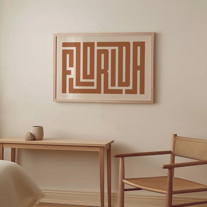 Wood framed minimalist Florida Wall Decor in Boho style room wtih neutral colors