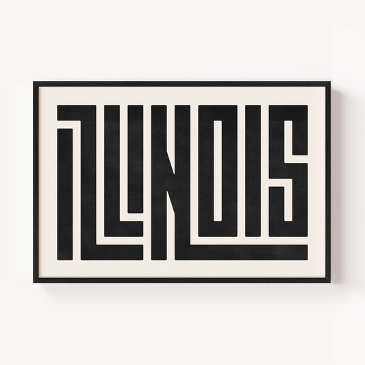 Modern Framed Illinois Art - Black Typography Design on White Background