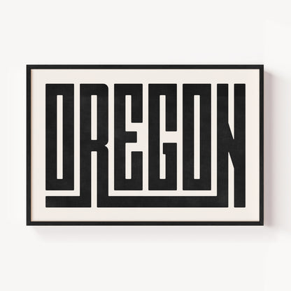 Modern Framed Oregon Art - Black Typography Design on White Background
