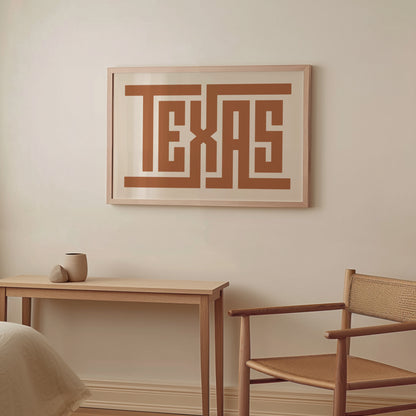 Wood framed minimalist Texas Wall Decor in Boho style room wtih neutral colors