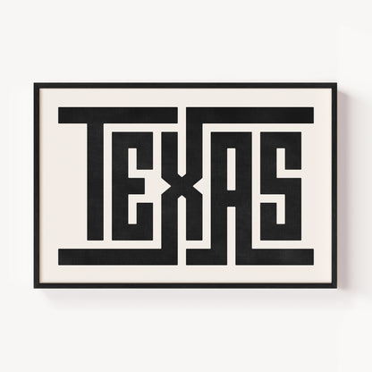 Modern Framed Texas Art - Black Typography Design on White Background