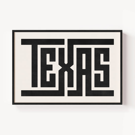 Modern Framed Texas Art - Black Typography Design on White Background