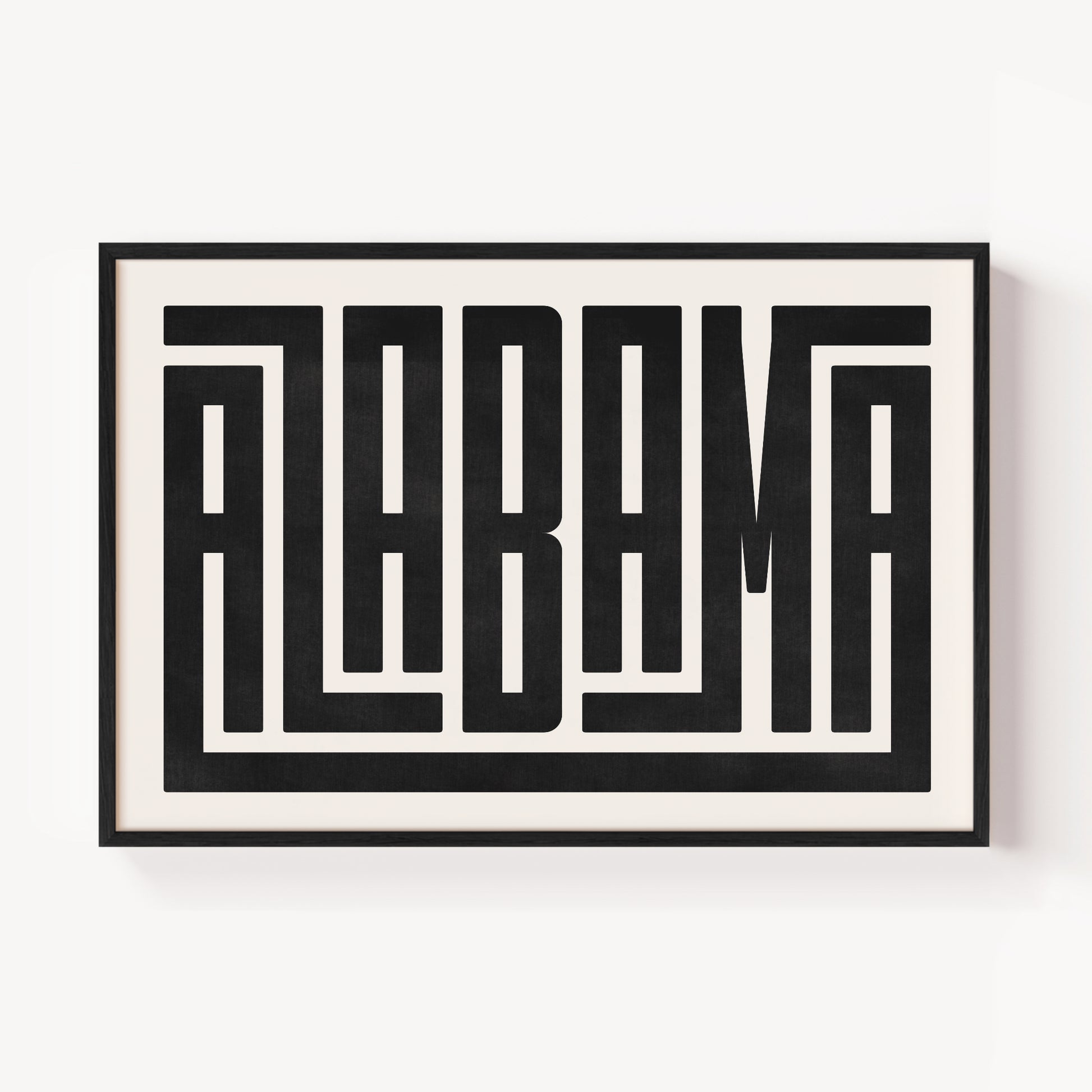 Modern Framed Alabama Art - Black Typography Design on White Background