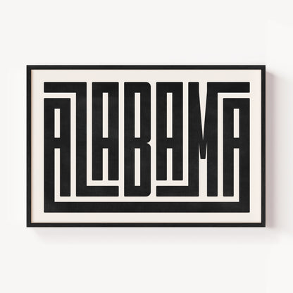 Modern Framed Alabama Art - Black Typography Design on White Background