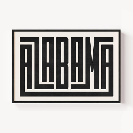 Modern Framed Alabama Art - Black Typography Design on White Background